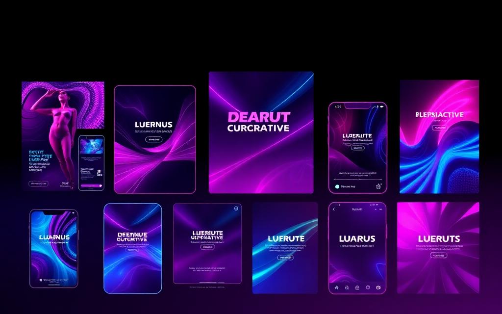 Grid of AI-generated social media ad creatives on dark background