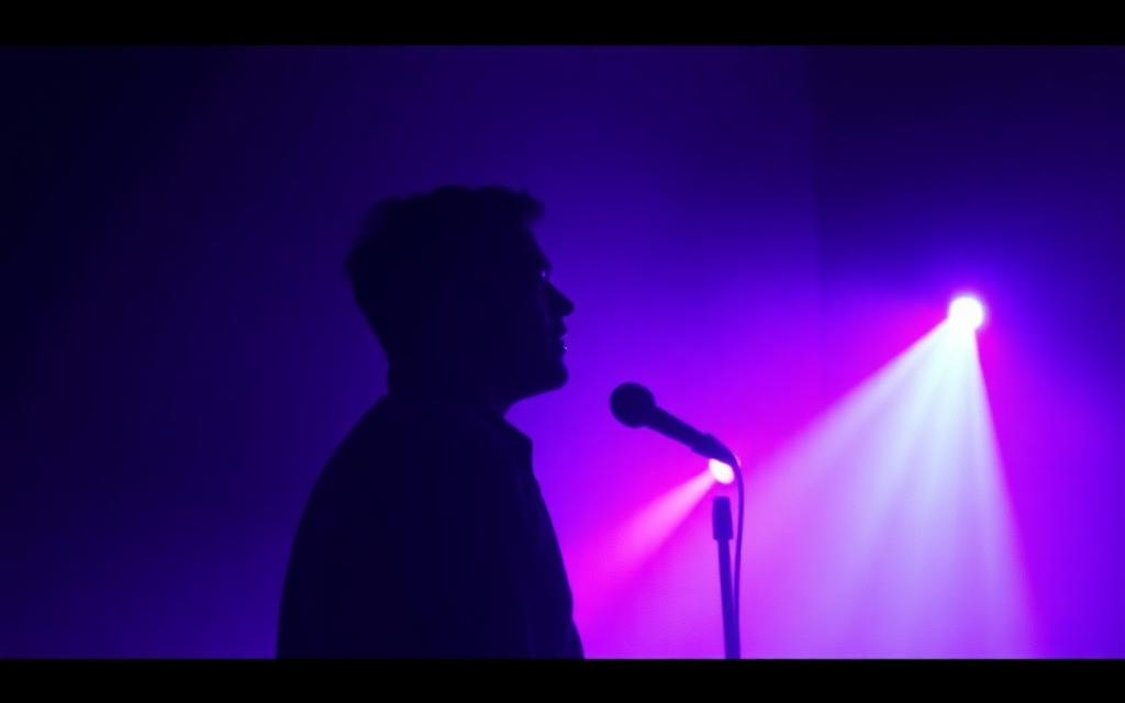 Cinematic frame from an AI-generated music video with neon stage lighting