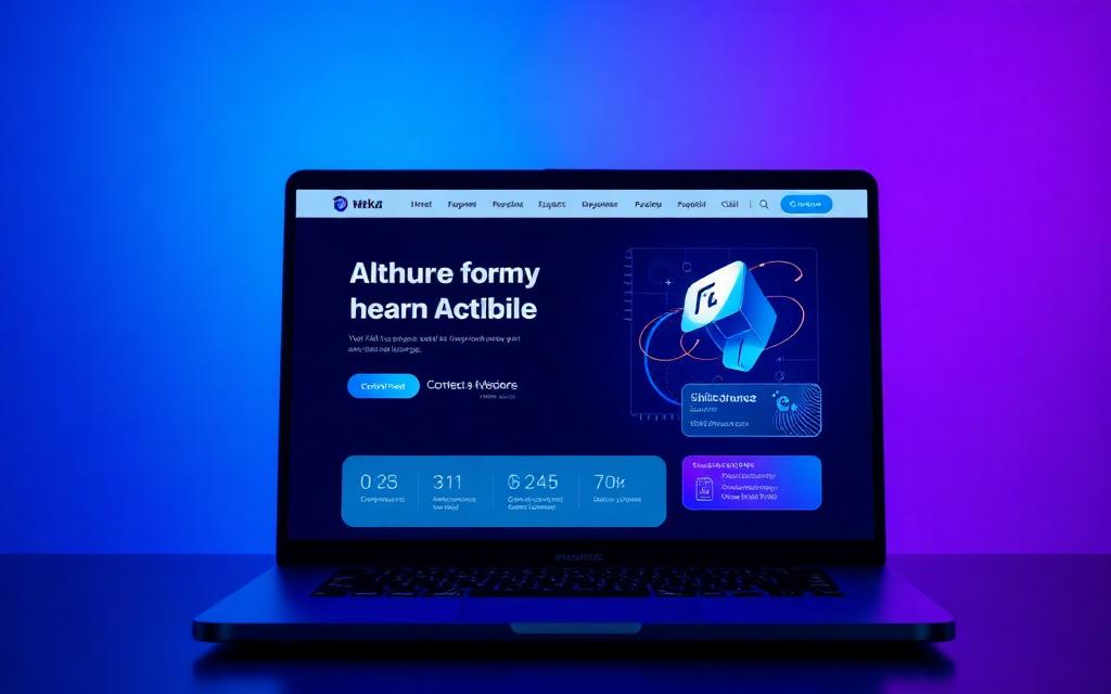 AI-built SaaS landing page shown on a laptop with neon gradients